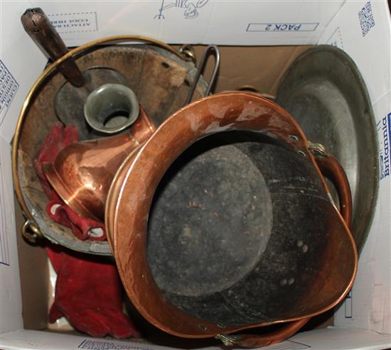 Coopered bucket, copper wares etc